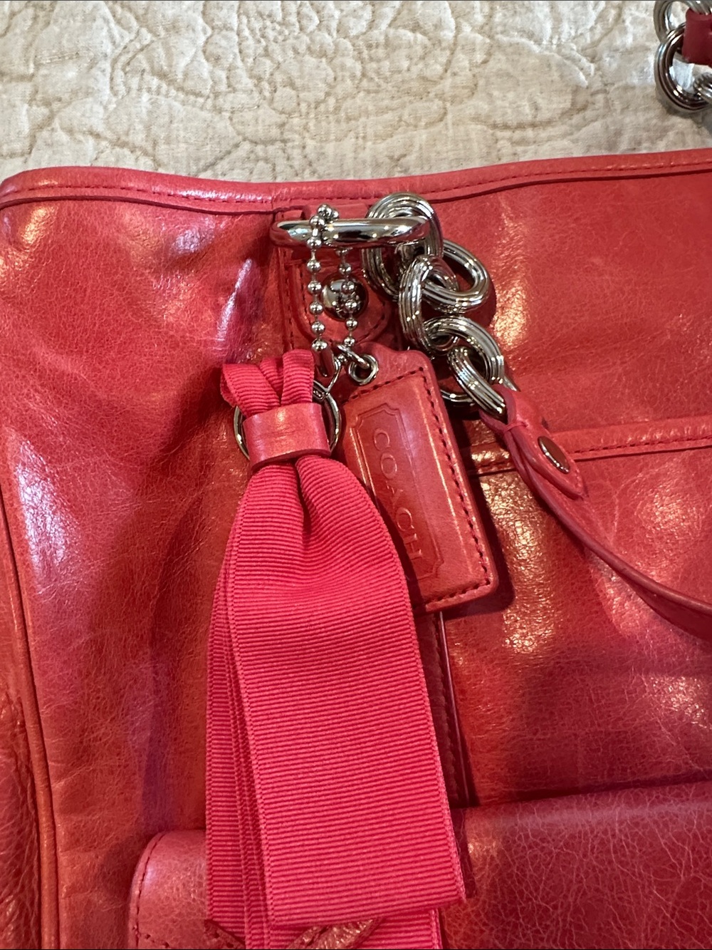 Coach Tote. Coral pink leather with Front Flap Pocket and Silver Hardware - Picture 9 of 13